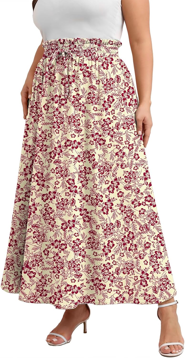 Xpenyo Womens Plus Size Maxi Skirts Summer Elastic High Waisted Boho Casual Beach Flowy Swing Long Skirts with Pockets
