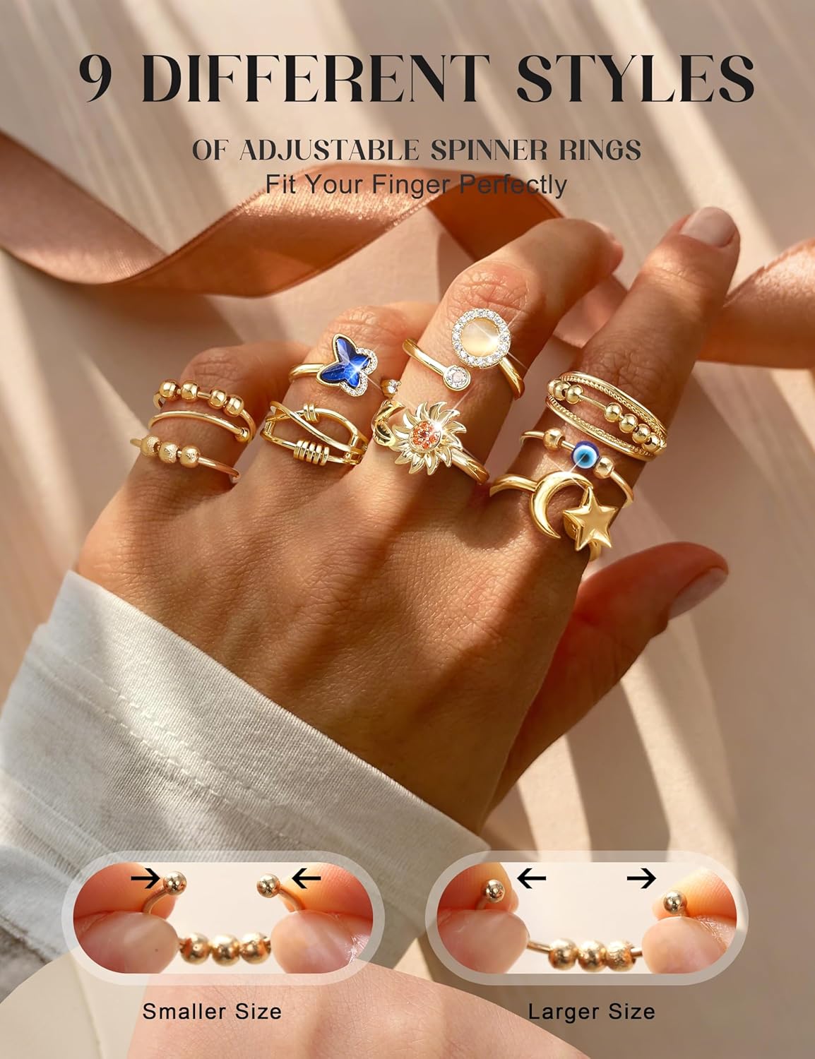 Manufacturer FIBO STEEL 9 Pcs Fidget Anxiety Rings for Women Men Spinner Rings for Anxiety Relieving Stress Open CZ Flower Moon Star Anti Rotatable Rings Adjustable rings