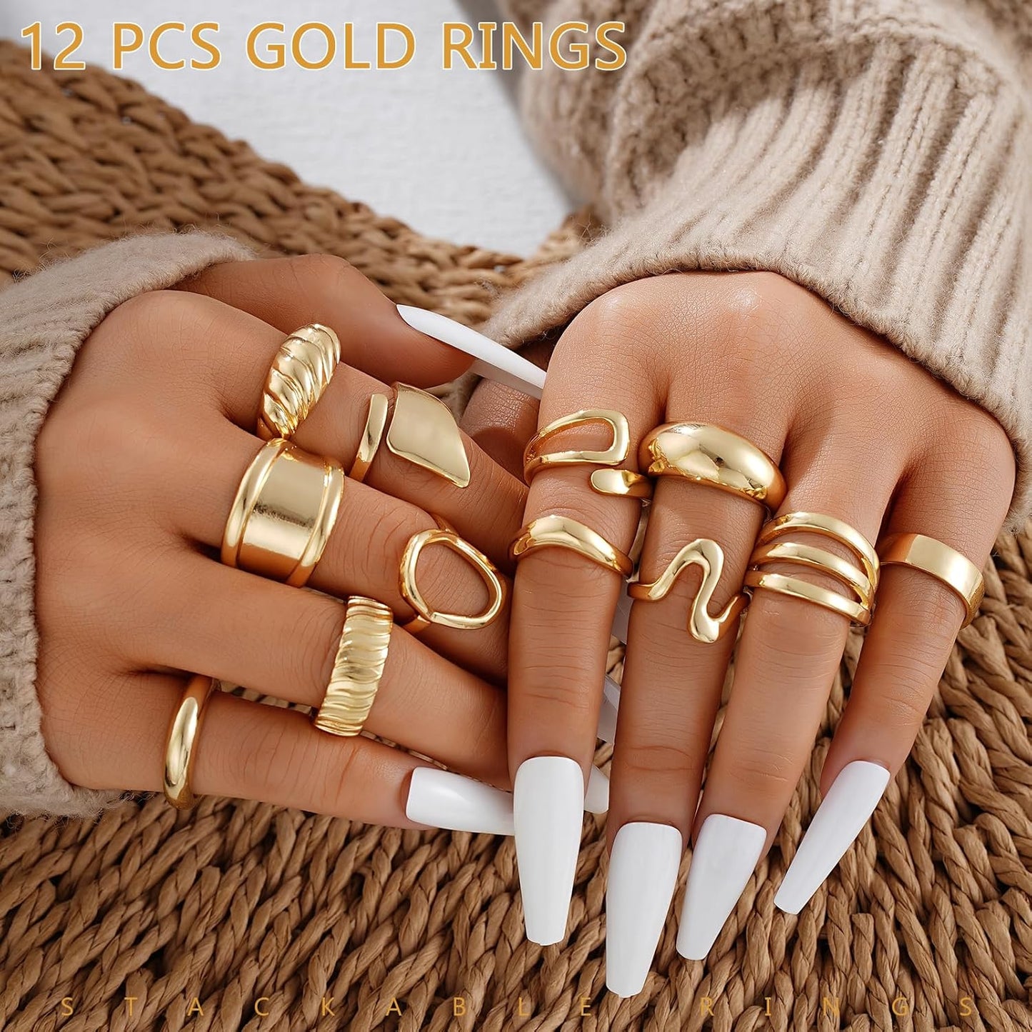 Manufacturer 12 PCS Chunky Gold Stackable Rings for Women Non Tarnish, 18K Gold Plated Statement Open Stacking Rings, Knuckle Band Ring Set rings