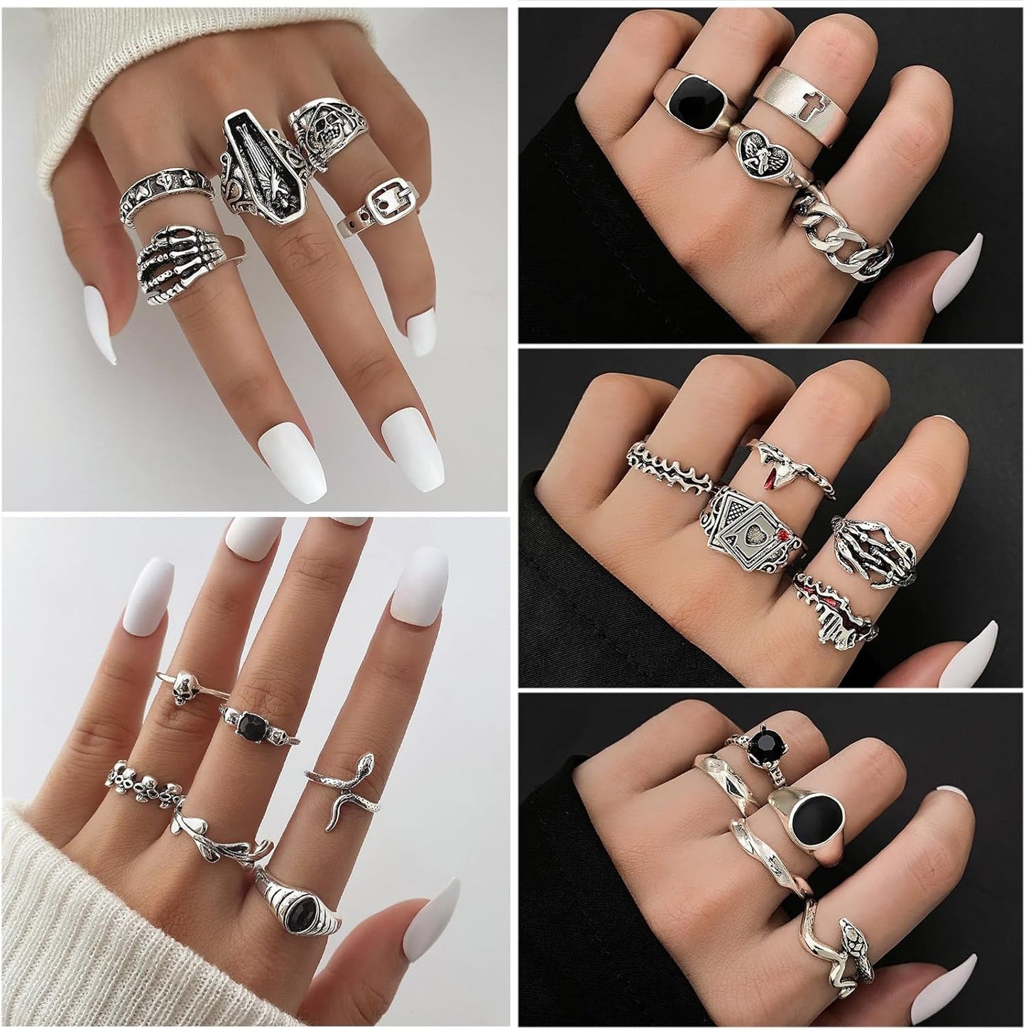 Manufacturer IFKM Vintage Silver Knuckle Rings Set for Women, Stackable Joint Finger Statement Rings Bohemian Retro Hollow Carved Midi Rings, Boho Halloween Skeleton Skull Snake Heart Chunky Stacking Rings Pack rings