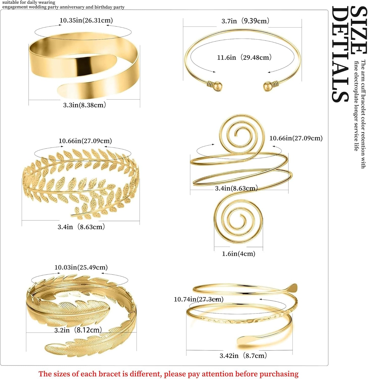 Manufacturer RIOSO 6 Pieces Arm Cuff Upper Arm Band Cuff Bracelet Bangle for Women Silver Gold Adjustable Armband Set bracelets