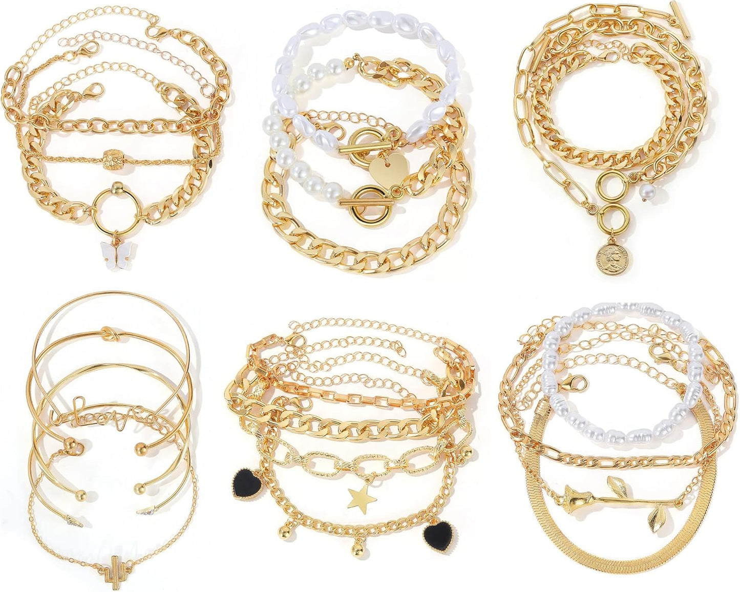 Manufacturer IFKM 6 PACK (24 PCS) Boho Gold Chain Bracelets Set for Women, 14K Gold Plated Multiple Layered Stackable Open Cuff Wrap Bangle Adjustable Link Italian Cuban Jewelry for Women Gift bracelets