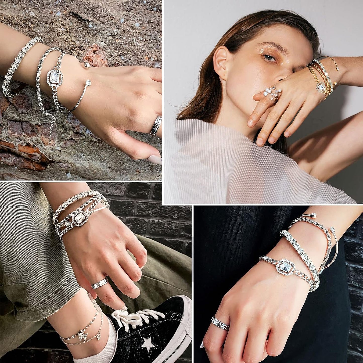 Manufacturer 4 Pcs Dainty Gold Silver Bracelets Set for Women 14K Plated Link Cubic Zirconia Paperclip Stake Layering Chain Adjustable Trendy Hand Jewelry bracelets