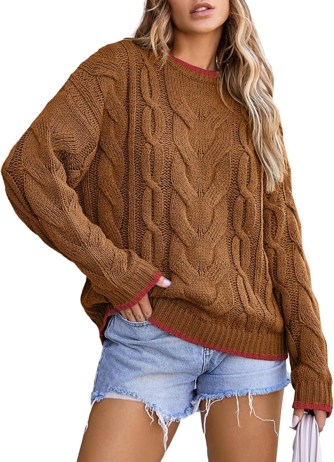 Manufacturer EVALESS Sweaters for Women Trendy Crewneck Long Sleeve Color Block Sweater Tops Fall Chunky Cable Knit Pullover Sweaters sweaters