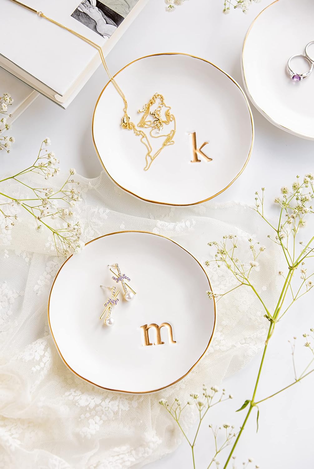 Manufacturer COLLECTIVE HOME - Ceramic Jewelry Tray, Decorative Trinket Dish for Rings Earrings Necklaces Bracelet Watch Keys, Birthday Mother's Day Christmas Gift for Women, 4.75", White Surface (M) rings