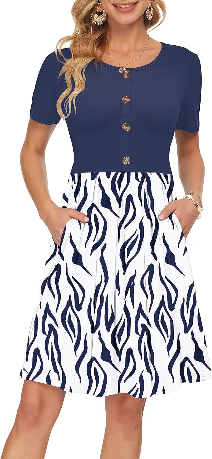 Manufacturer AUSELILY Women's Short Sleeve Summer Dress Pleated Button Down Knee Length Dresses with Pockets New dresses