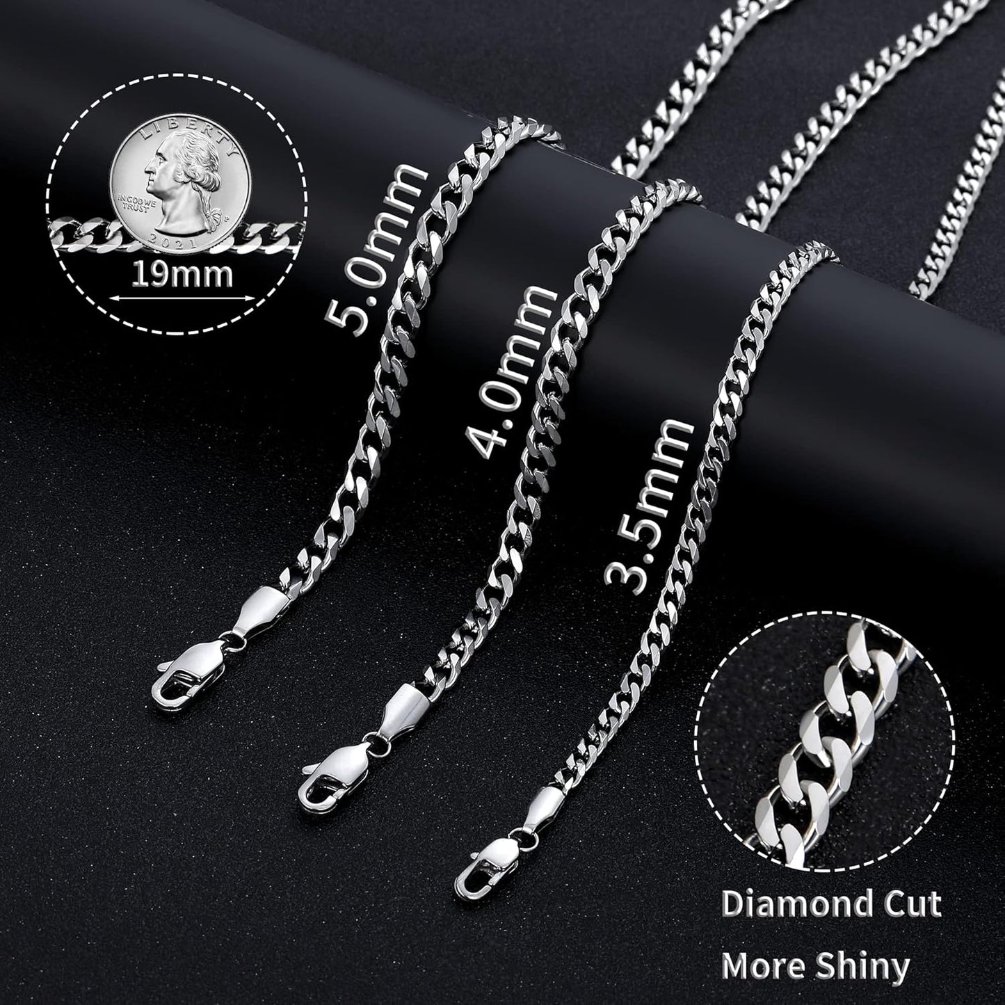 Manufacturer Fiusem 3.5mm Cuban Link Chains for Men, women,Silver Tone/Black/14K Gold Plated Stainless Steel Necklace Chain, Mens Necklace 16, 18, 20, 22, 24, 26, 28 Inch Necklace