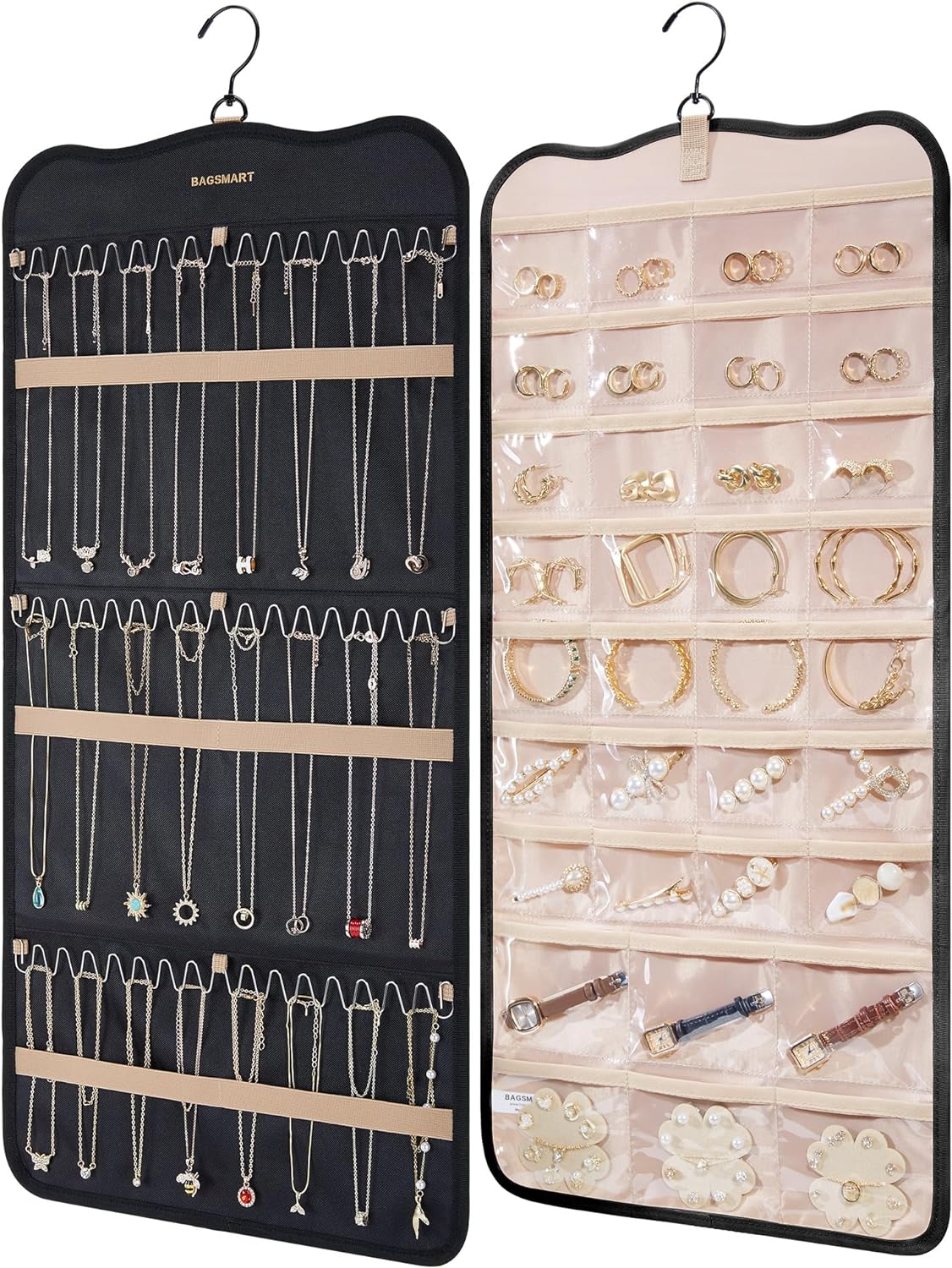 Manufacturer BAGSMART Hanging Jewelry Organizer, Necklace Holder Anti-tangle Earrings Rings Hanger with 20 Jewelry Bags Travel Storage Roll with Pockets Hang on Closet, Wall, Door,1 Piece, Large, Black earring