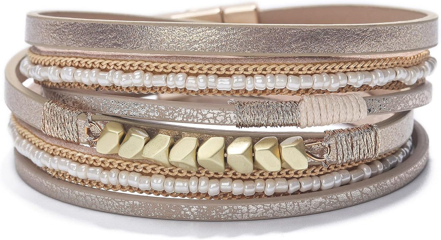 Manufacturer Fesciory Leather Wrap Bracelets for Women, Boho Leopard Multi-Layer Crystal Beads Cuff Bracelet Jewelry bracelets