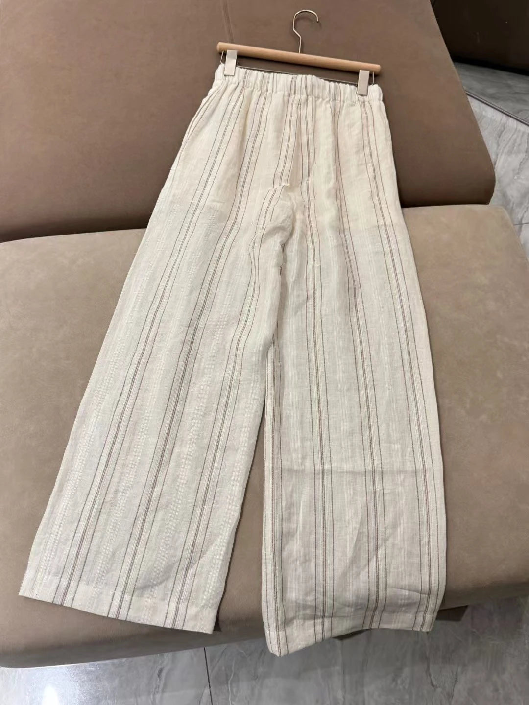 Women's New Linen Striped Stretch Waist Straight Casual Pants Wide Leg Pant