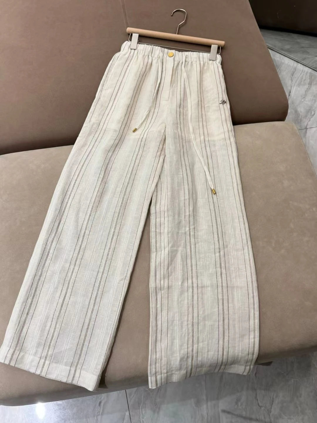 Women's New Linen Striped Stretch Waist Straight Casual Pants Wide Leg Pant