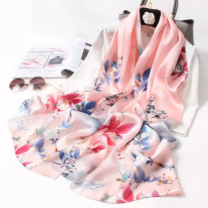 100% Pure Silk Scarf For Women Luxury Print Echarpe Femme Long Natural Silk Scarf Bufanda Fahsion Satin Shawls Wraps Neck Scarf