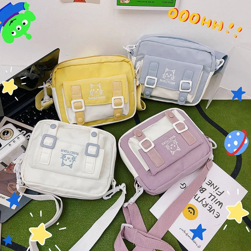 Japanese Women Girls Kawaii Crossbody Bag Cute Cartoon Cat Embroidery Small Messenger Handbag Preppy Style Student Shoulder Purs