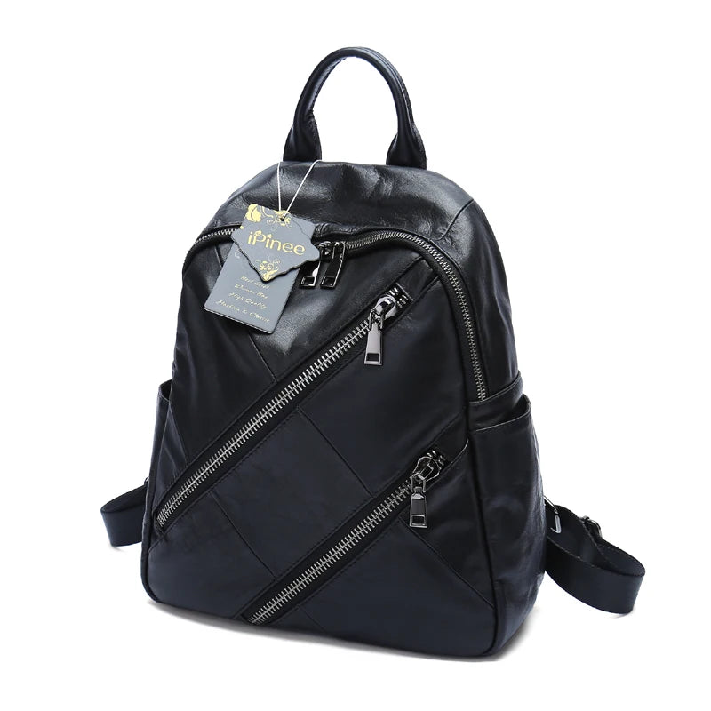 iPinee Genuine Leather Backpacks Women Luxury Soft Real Cow Leather Backpack for Travel Black Fashion Designer Back Pack Bag