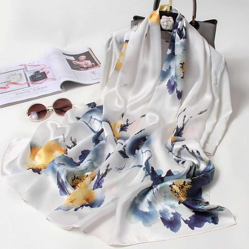 100% Pure Silk Scarf For Women Luxury Print Echarpe Femme Long Natural Silk Scarf Bufanda Fahsion Satin Shawls Wraps Neck Scarf