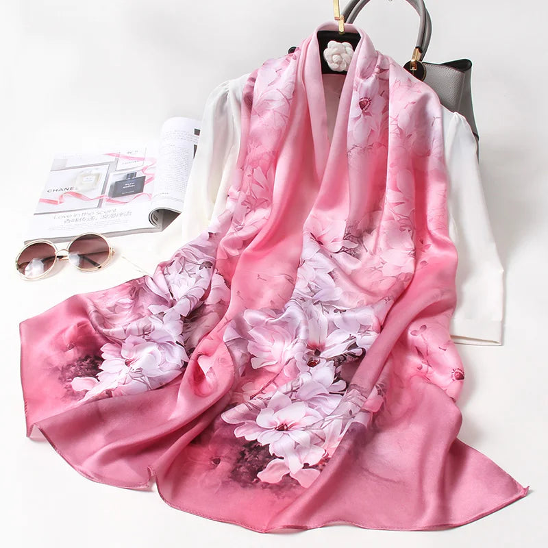 100% Pure Silk Scarf For Women Luxury Print Echarpe Femme Long Natural Silk Scarf Bufanda Fahsion Satin Shawls Wraps Neck Scarf