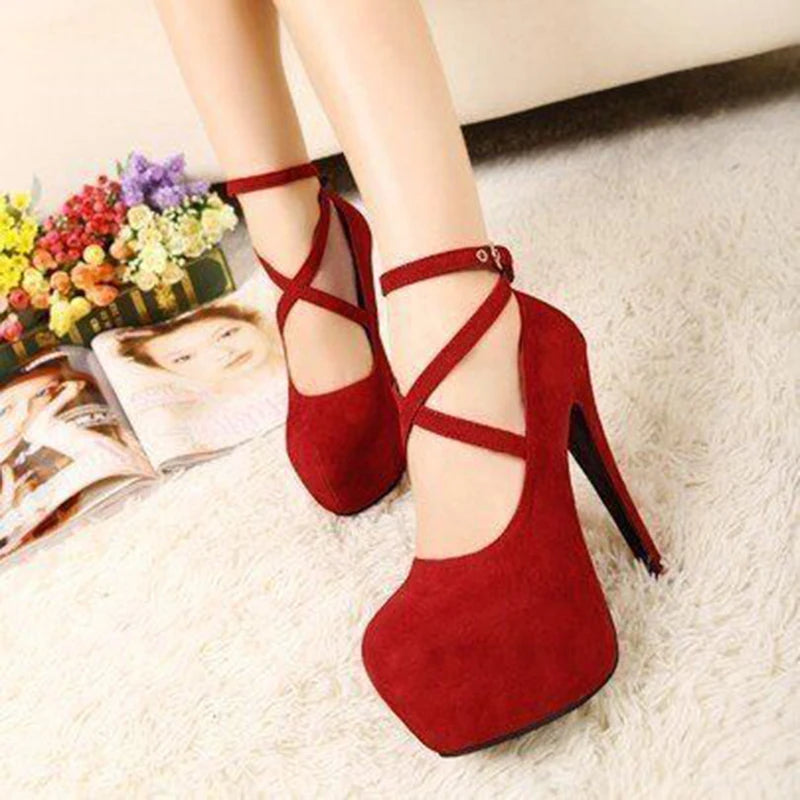 Manufacturer Shoes Woman Pumps Cross-Tied Ankle Strap Wedding Party Shoes Platform Dress Women Shoes High Heels Suede Ladies Shoes Plus Size Pumps