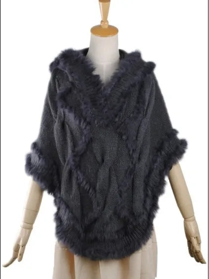 free shipping women rabbit fur coat jacket Knitted Genuine rabbit Fur poncho Shawl Wrap with hood Wholesale retail new