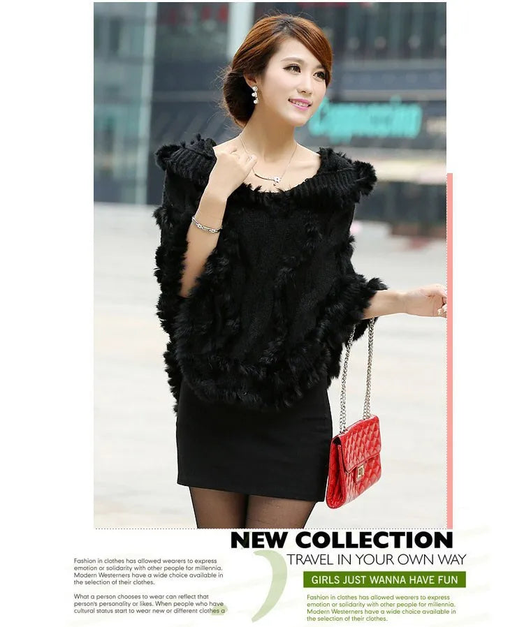 free shipping women rabbit fur coat jacket Knitted Genuine rabbit Fur poncho Shawl Wrap with hood Wholesale retail new