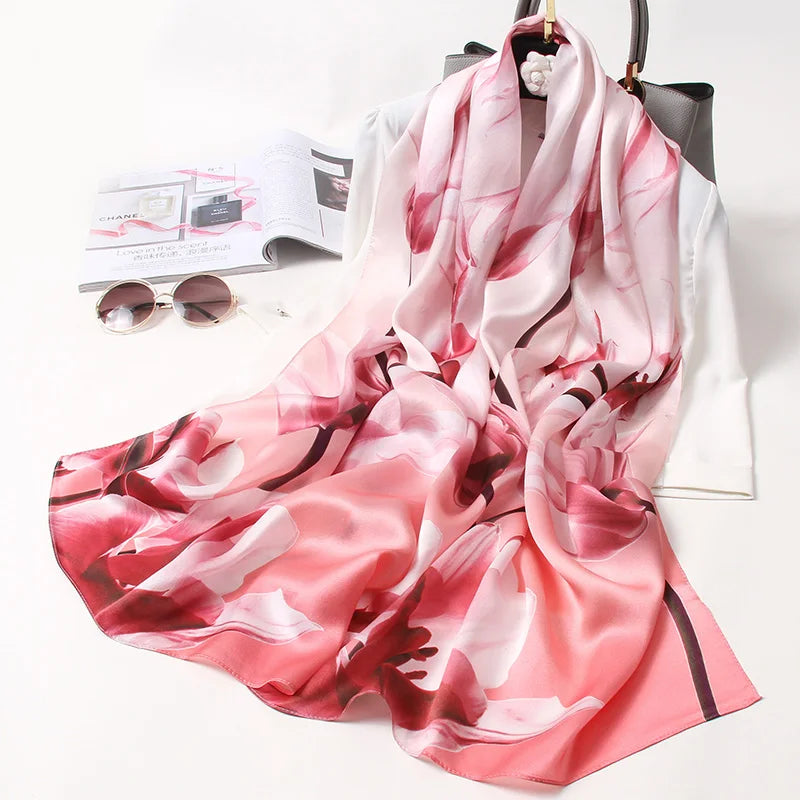 100% Pure Silk Scarf For Women Luxury Print Echarpe Femme Long Natural Silk Scarf Bufanda Fahsion Satin Shawls Wraps Neck Scarf