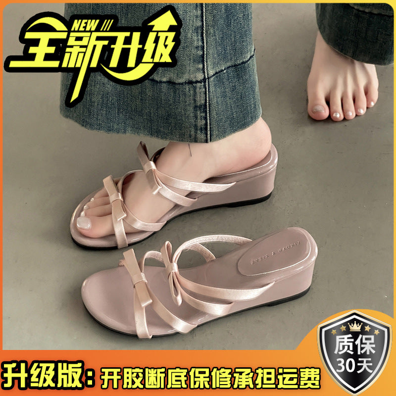 Fashion tribe fairy style bow thick bottom heightening slippers women's outer wear new summer open-toed sandals