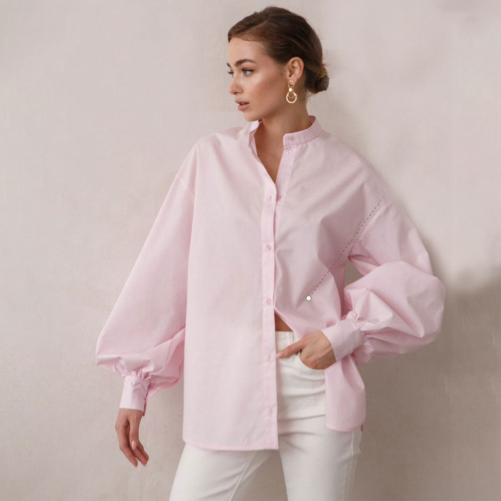 Lantern sleeve solid color shirt European and American spring and summer temperament Royal sister commuting versatile loose round neck shirt t-shirts