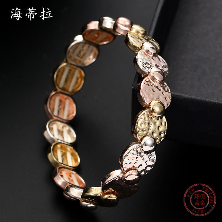 New round irregular alloy elastic bracelet, creative modeling electroplated three-color fashion women's bracelet