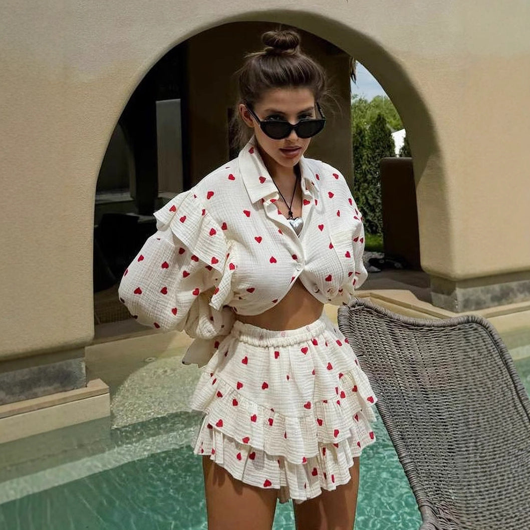 Cross-border cotton printed shorts set, European and American spring and summer ruffle edge long-sleeved shirt + shorts casual set suits