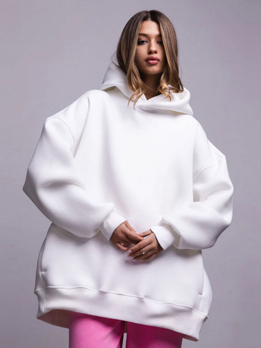 Cross-border solid color hooded sweater, European, American autumn and winter new women's fashion simple casual loose hoodie sweater