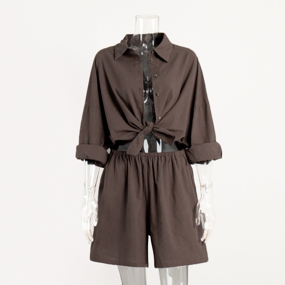 Shirt set European and American summer new women's vacation casual loose long-sleeved shirt + shorts set suits