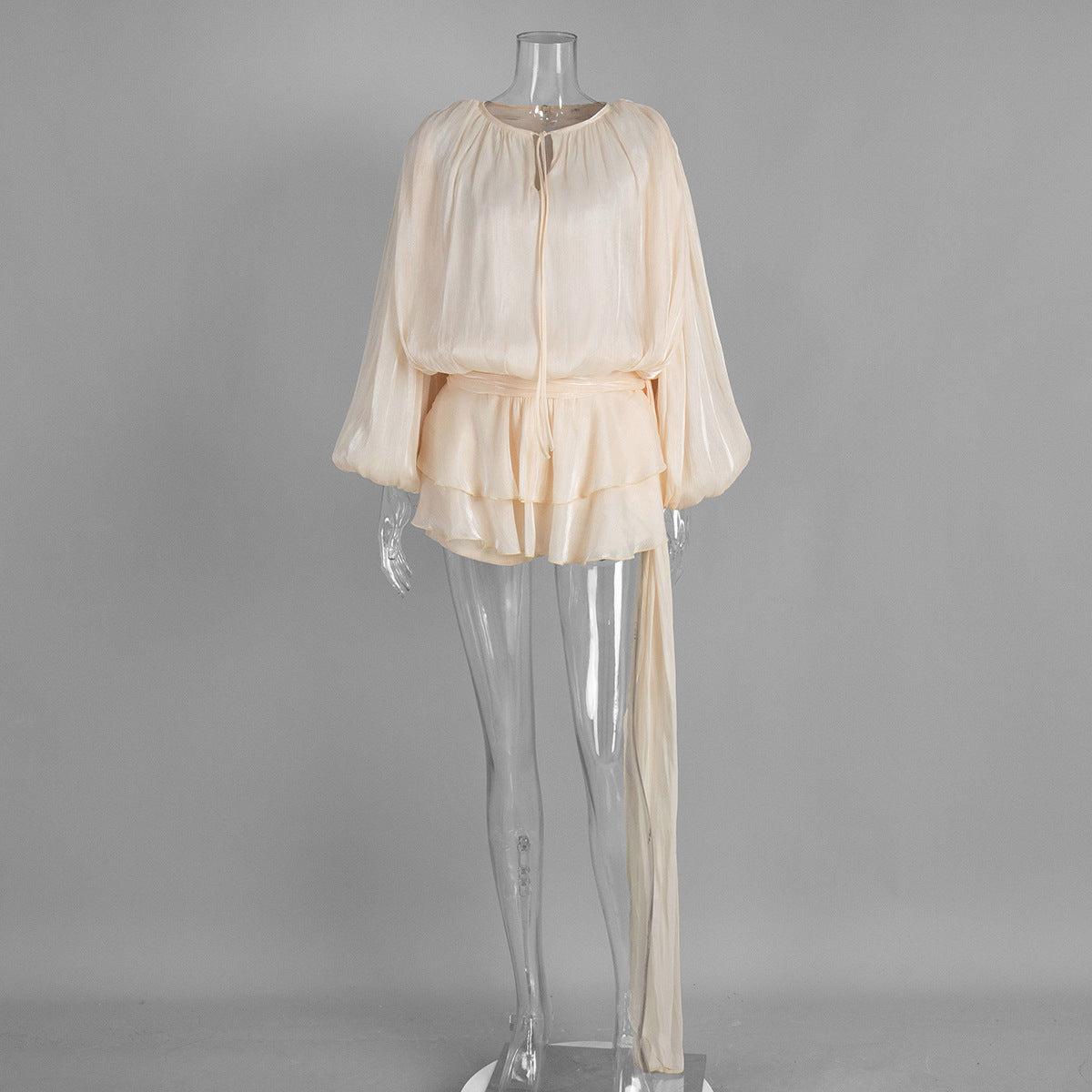 Chiffon long-sleeved dress European and American summer new lantern sleeve lace-up short skirt ruffle leaf edge dress