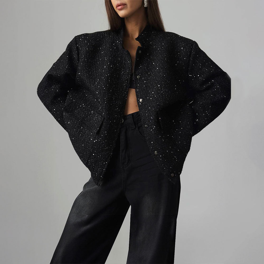Cross-border gold silk bead jacket European and American new INS new fashion sequined stand-up collar loose jacket clothes coat