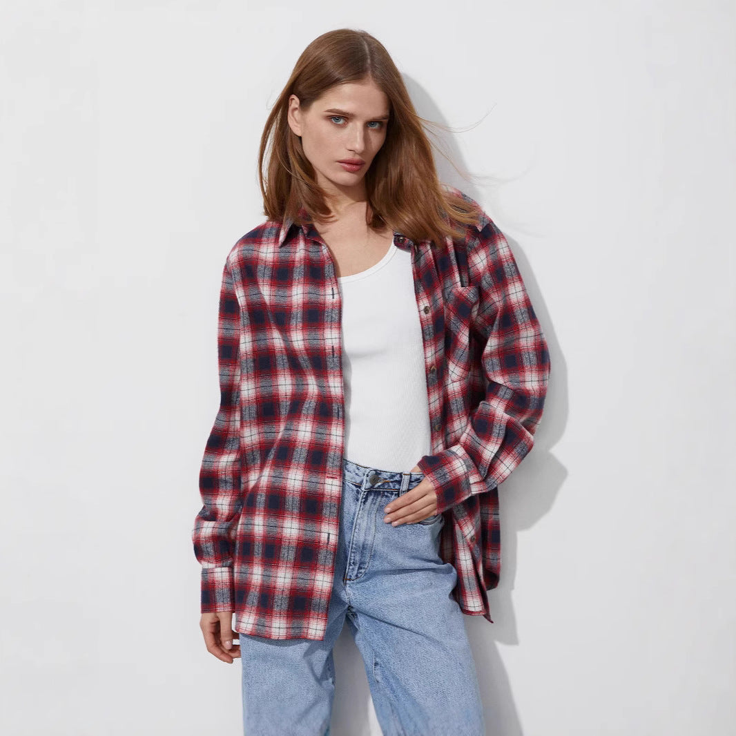 Plaid Shirt Women's European, American Spring and Summer Loose Versatile Shirt Pure Cotton Plaid Neutral Wind Shirt Women t-shirts