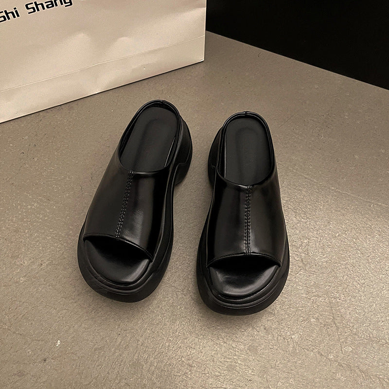 Internet celebrity explosion round head high heel one-word drag women wear summer new heightening non-slip super soft cool slippers