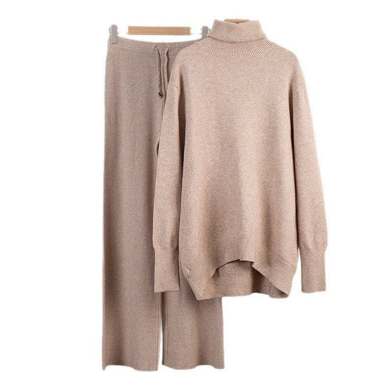 Cross-border solid color turtleneck sweater + wide-leg pants knitted two-piece set, European and American winter versatile loose sweater set suits