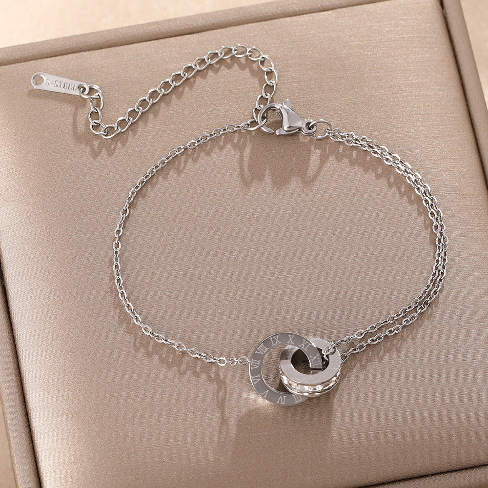 European and American cross-border Roman double-ring titanium steel necklace women's full diamond collarbone chain fashionable versatile high-end sense does not fade jewelry