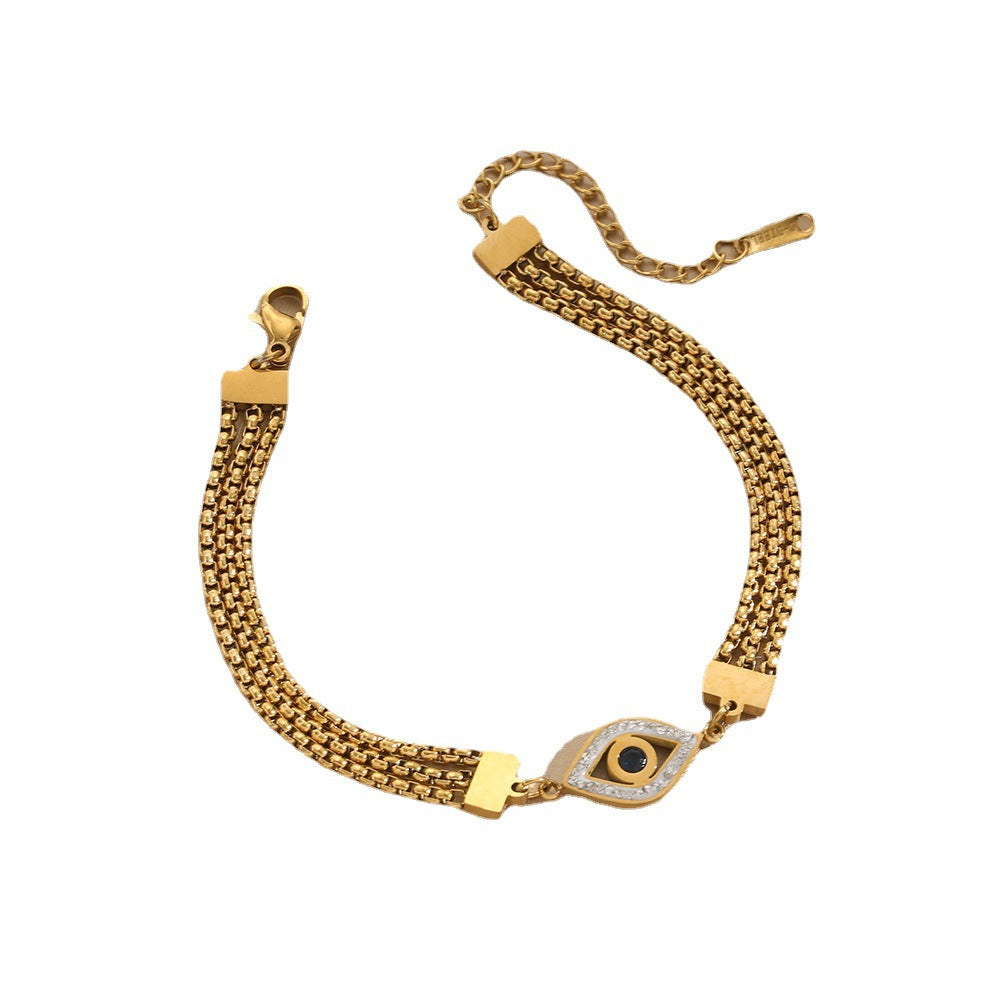 European and American temperament three-layer chain bracelet geometric eye pattern diamond-encrusted wide bracelet titanium steel color-retaining electroplating jewelry