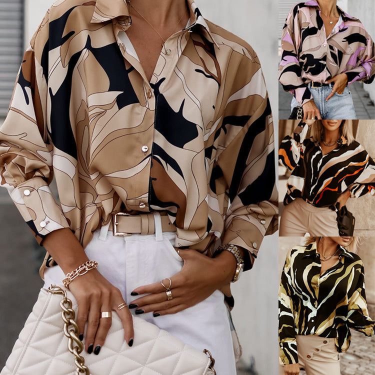 Cross-border foreign trade European and American printed shirt loose women's button-down long-sleeved casual shirts women's top