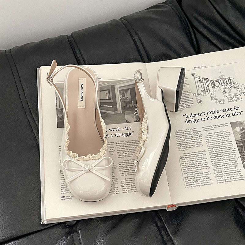French niche design sense bow with lace thick heel cool slippers women's summer new one-word sandals
