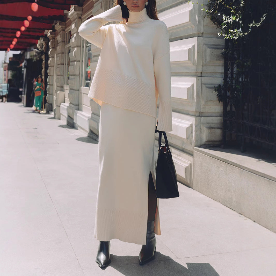 Knitted sweater set for women, Europe, America, autumn and winter new temperament loose sweater split skirt set