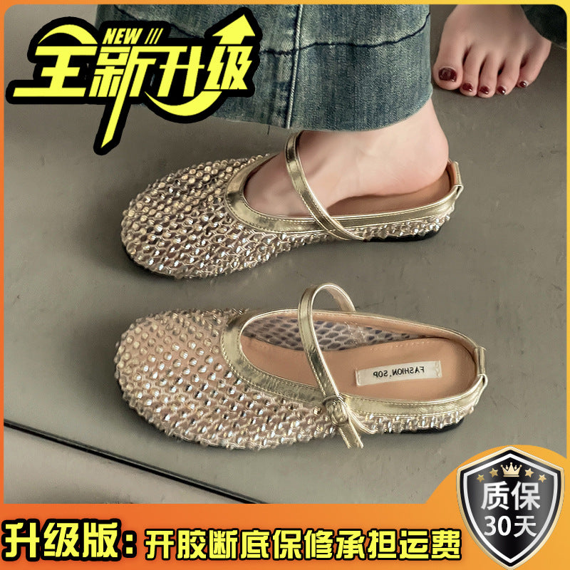 fashion new French rhinestone head half slippers women summer new wear Mary Jane shoes cool slippers