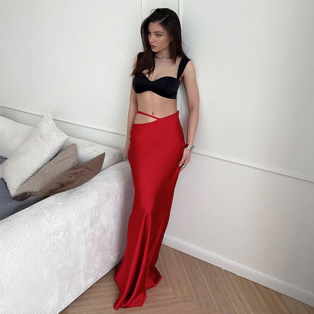 Solid color long skirt, European, American spring and summer new comfortable and soft temperament slim skirt women dress