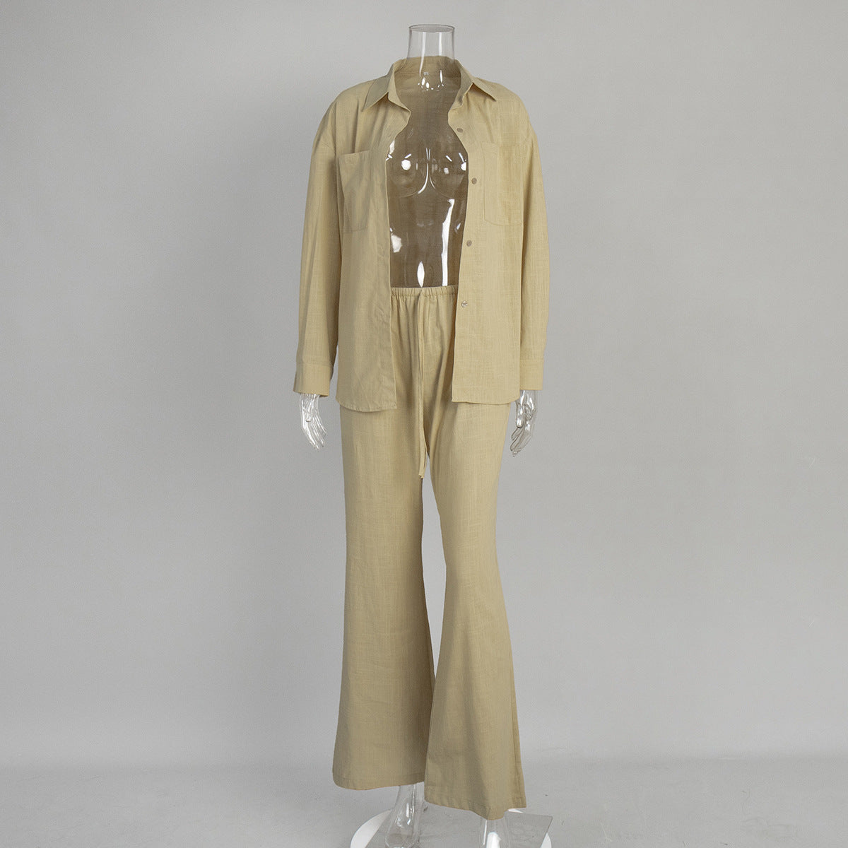 Pure cotton long-sleeved shirt wide-leg trousers set European and American summer solid color micro-pull trousers casual suits
