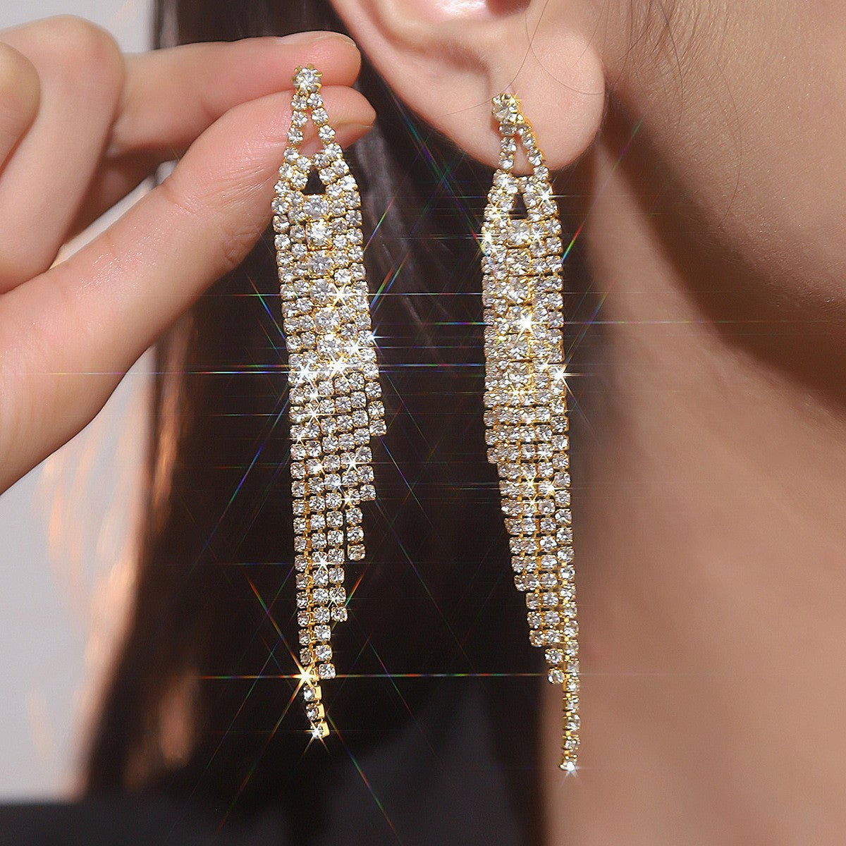 Choka Fashion Full Diamond Long Fringed Earrings Women's Temperament Rhinestone Earrings Ear Jewelry Earrings