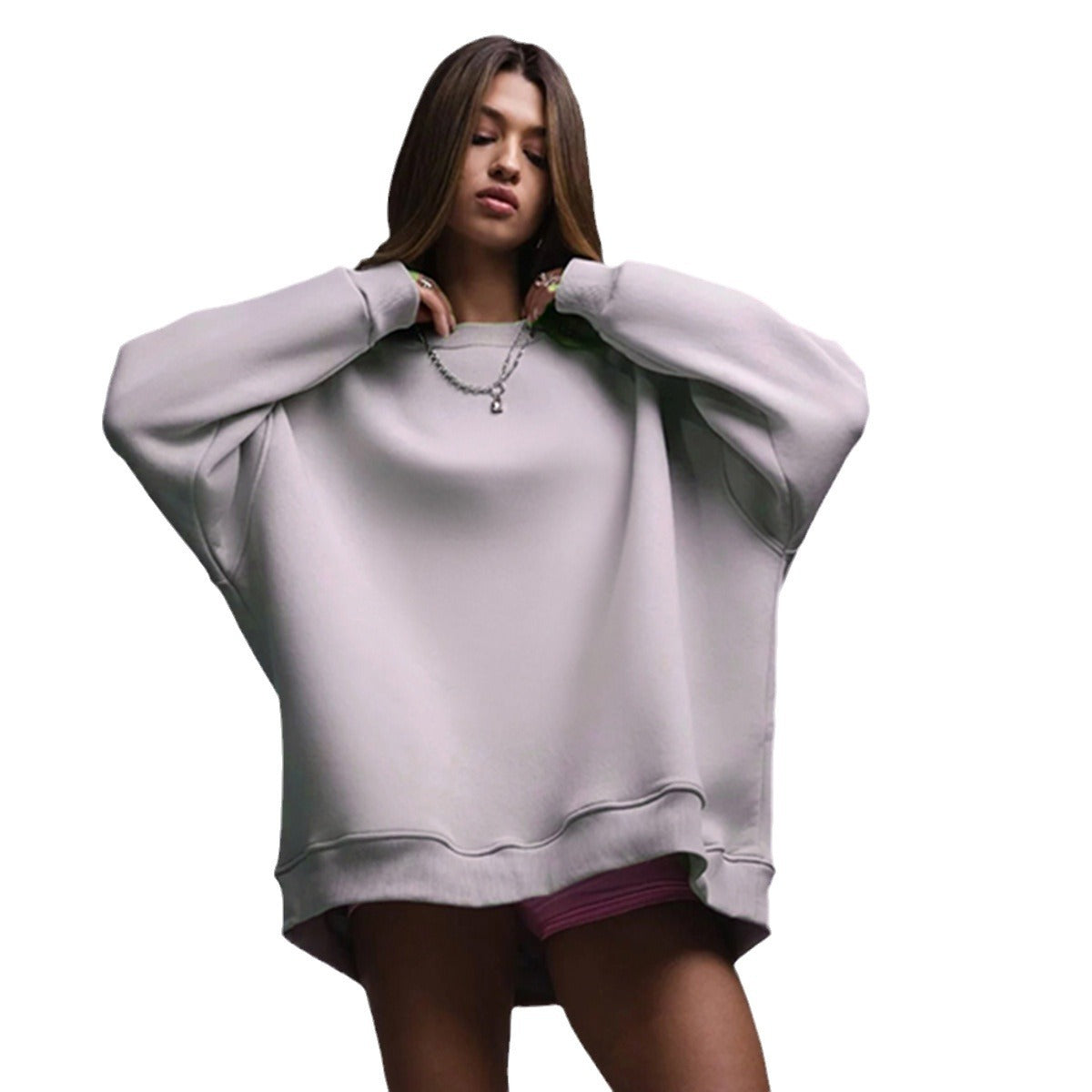 Solid color crew neck sweater European and American winter new women's fleece fleece fleece sweater casual crew neck sweater