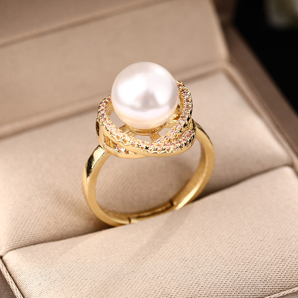 Korean version of light luxury premium pearl rings niche versatile exquisite zircon opening adjustable ring Internet celebrity jewelry