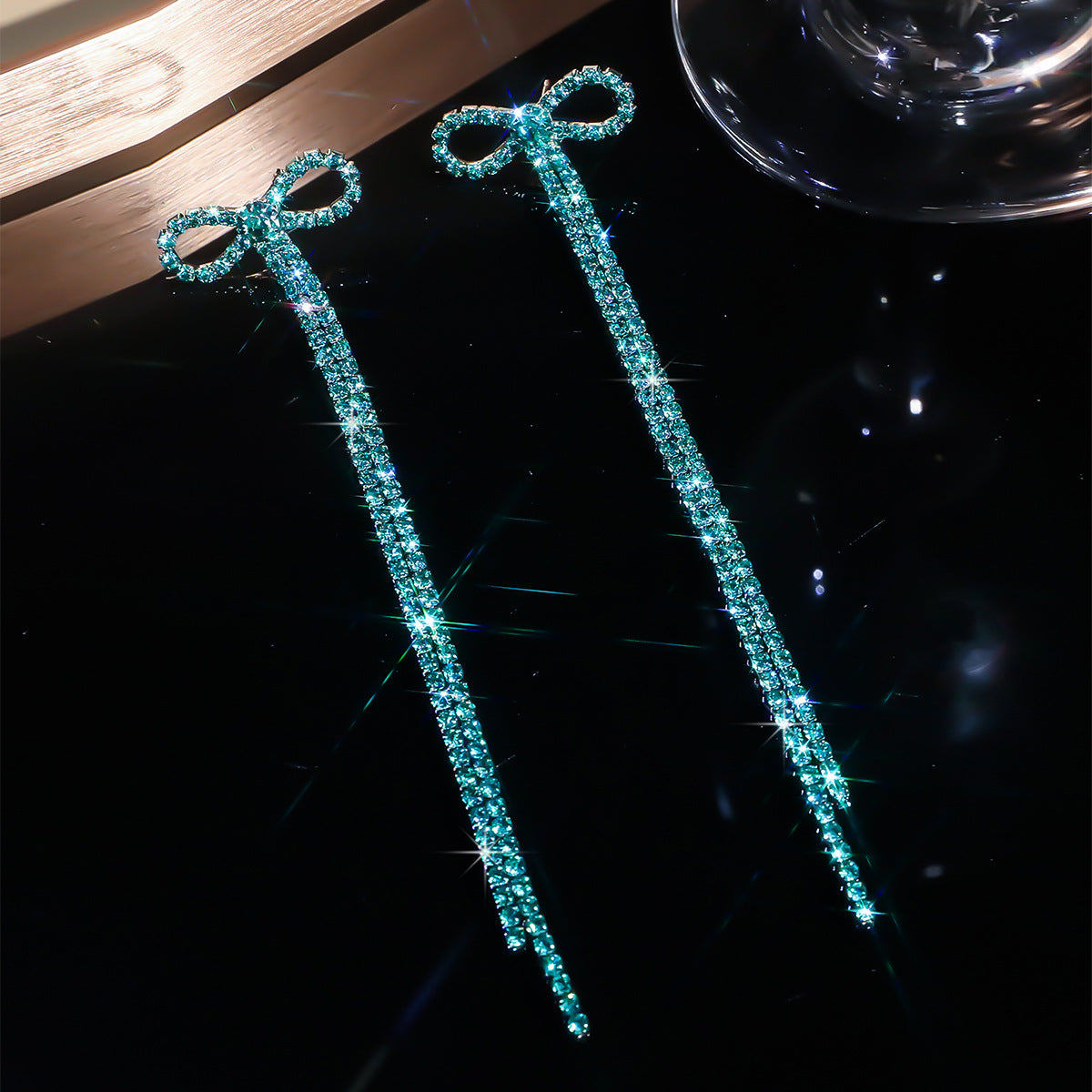 DINGKA Classic Blue Crystal Long Fringed Bow Earrings Women's, Stylish Shiny Crystal Stud Earrings Earrings