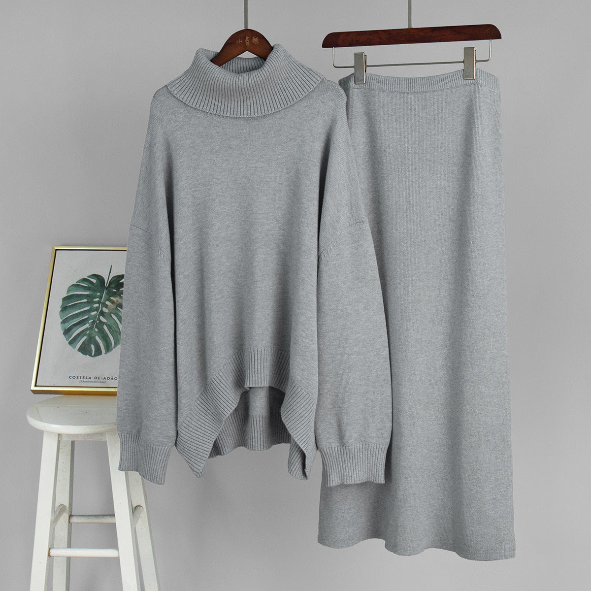 Turtleneck sweater skirt set for women, European, American autumn and winter loose knitted two-piece sweater set for women suits
