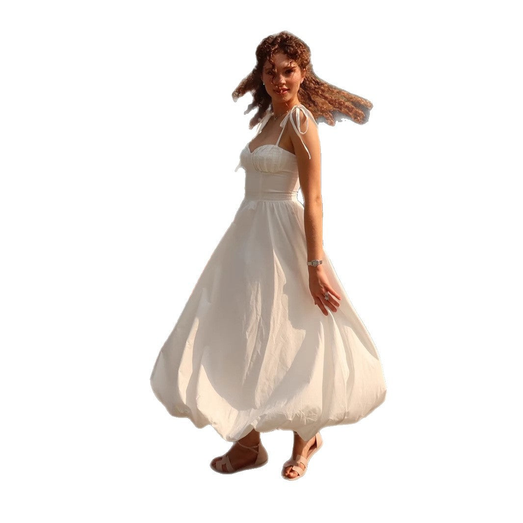 Pure cotton suspender balloon dress European and American summer waist bubble pendulum dress pure cotton dress women