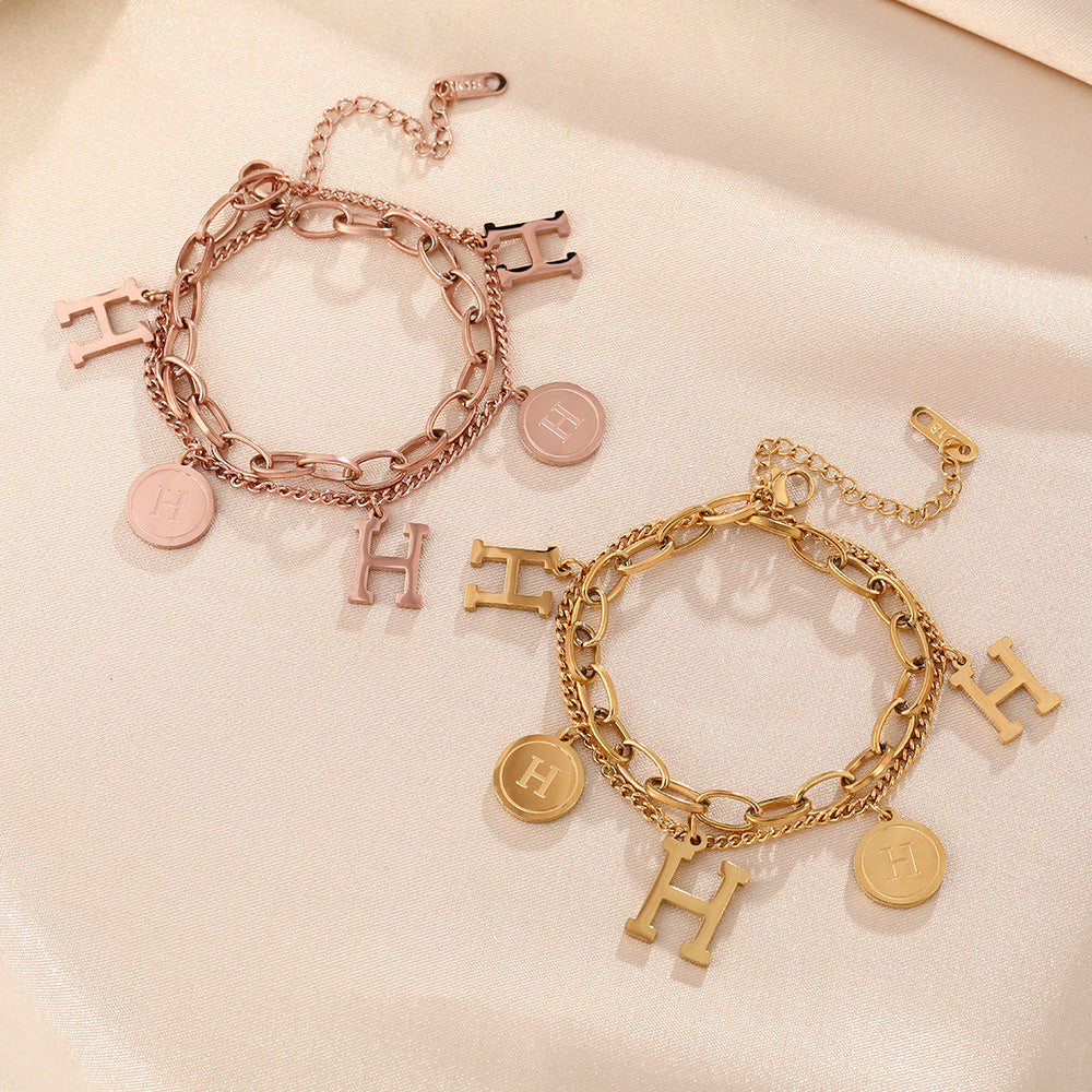 Europe and the United States cross-border fashion titanium steel bracelet women's double chain H letter light luxury temperament popular jewelry jewelry does not fade